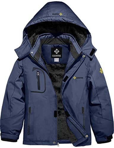 GEMYSE Boy's Waterproof Ski Snow Jacket Fleece Windproof Winter Jacket with Hood (Navy Blue,14/16) - Image 1