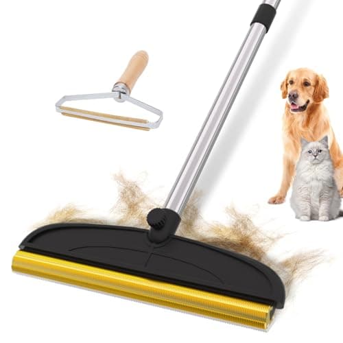 2 in 1 TPU and Copper Rake Teeth Carpet Rake for Pet Hair Removal,60inch Adjustable Long Handle Pet Hair Remover Tool,Reusable Cat Dog Hair Rake Broom,Lint Remover Scraper for Carpet,Bed(Black-Silver) - Image 1