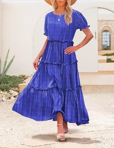YESNO Summer Casual Bohemian Floral Dresses for Women Puff Short Sleeve Long Maxi Dress with Pockets (3XL ETX Solid C Royal Blue) - Image 3