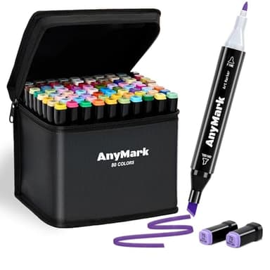 AnyMark Alcohol Markers, 80 Colors Dual Tip Art Coloring Markers Set for Kids Adult Book Drawing Sketching Painting, Chisel & Fine, Black Penholder - Image 1