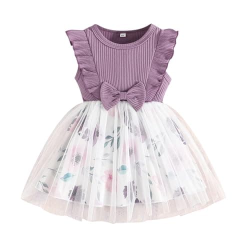 Toddler Baby Girls Tutu Tulle Dress Sleeveless Ruffle Fluffy Cute Sundress for Casual School Party (Purple Flowers, 4-5T) - Image 1