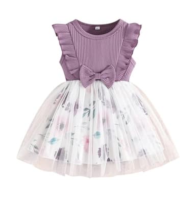 Toddler Baby Girls Tutu Tulle Dress Sleeveless Ruffle Fluffy Cute Sundress for Casual School Party (Purple Flowers, 4-5T) - Image 1