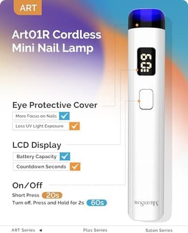 MelodySusie Handheld Cordless UV Nail Lamp with LCD Display & Eye-Protection Cover, P-Art01R Rechargeable Mini UV LED Light Flash Cures All Soft Gels, Especially Rhinestone Glue & Liner Gel White - Image 3