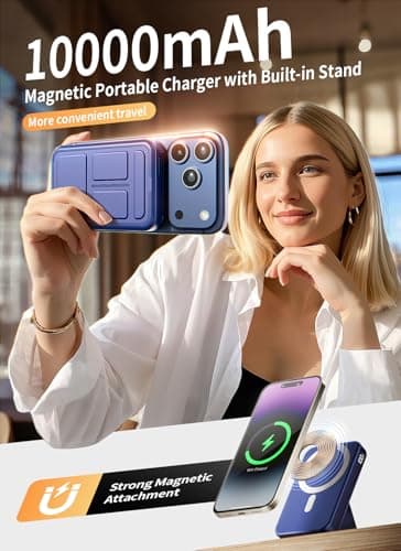 Gxorul Magnetic Power Bank, 10000mAh Wireless Portable Charger with 20W USB-C Fast Charging, Foldable Stand & LED Display Battery Pack, Compatible with iPhone 16/15/14/13/12, Blue - Image 2