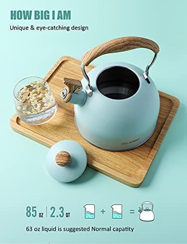 Tea Kettle, BELANKO 85 OZ / 2.5 Liter Whistling Tea Kettle, Tea Pots for Stove Top Food Grade Stainless Steel with Wood Pattern Folding Handle, Loud Whistle Kettle for Tea, Coffee, Milk - Turquoise - Image 3