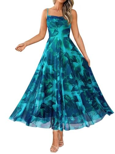 BTFBM Women Summer Floral Maxi Dresses Elegant Spaghetti Strap Dress Printed Party Dress Beach Long Dresses(Floral Lake Blue,Large) - Image 1