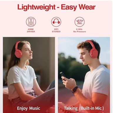 MIDOLA Bluetooth Headphones Over Ear 68H Playtime 6 EQ Wireless Headset with Microphone HiFi Stereo Foldable Lightweight Deep Bass for Travel Home Office Cellphone Red - Image 3