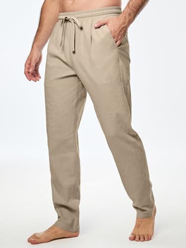 JMIERR Men's Casual Cotton Pants Linen Elastic Waist Drawstring Summer Beach Lightweight Dress Trousers with Pockets, L, Khaki - Image 2