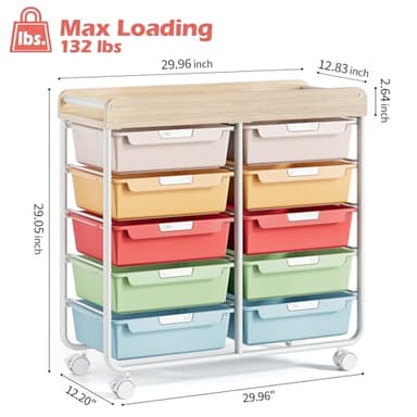 Rolling Storage Cart with Wooden TableTop, Utility Cart with 10 Large Drawers for Craft Organizers, Art Supply Storage, Home Office Organization, Cart with Wheels for Classroom, Living Room, Colorful - Image 3