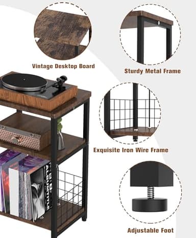 Tuohours Record Player Stand, 3 Tier End Side Table with Vinyl Record Storage Basket, Turntable Table up to 100 Albums Record Shelf Display Holder Cabinet for Living Room, Bedroom, Office - Image 7