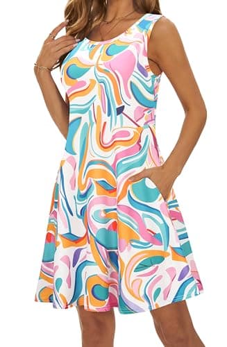 Summer Dresses for Women 2025 Casual Sundresses Beach Cover Ups Sleeveless Tshirt Swing Dress with Pockets Colorful DT XX-Large - Image 3
