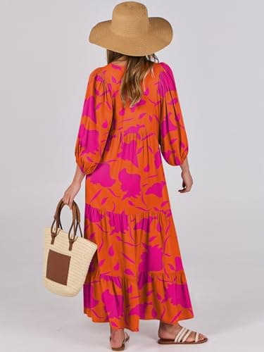 ANRABESS Womens Boho Maxi Dresses 2025 Summer V Neck Puff Sleeve Floral Flowy Swing Casual Long Dress Orange Rose Floral XX-Large - Image 5