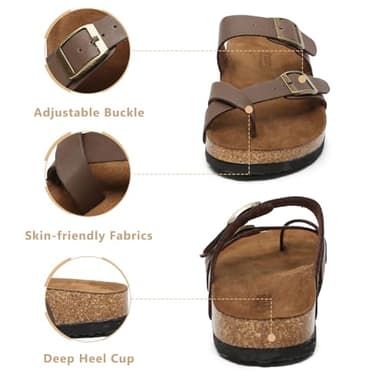Yozuru Womens Cork Footbed Sandals Comfort Open Toe Slides Adjustable Buckle Beach Summer Flat Sandals with Arch Support - Image 4