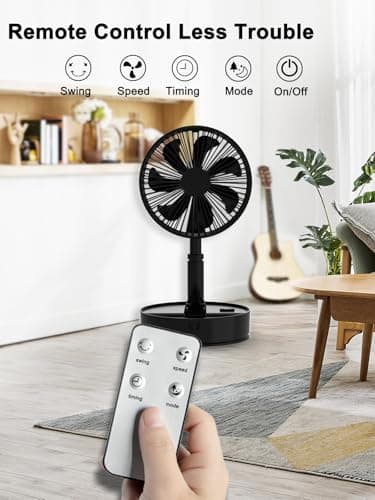 UN UNITEDTIME Foldable Fan Foldaway with Remote Control, 7200mAh Rechargeable Battery Powered Pedestal Fan for Camping, 4 Speed, Timer, Portable Table for Travel, Outdoor, Home (Black) - Image 4