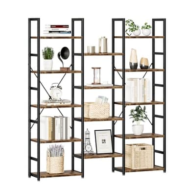 NUMENN Triple Column 5 Tier Bookshelf, Bookcase with 14 Open Display Shelves, Adjustable Rustic Industrial Style Book Shelves, Modern Bookshelves for Bedroom, Living Room and Home Office, Vintage - Image 1