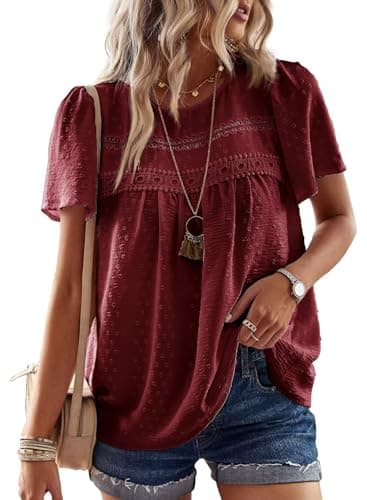 Falechay Babydoll Burgundy Tops for Women Swiss Dots Cute Pom Pom Chiffon Floral Blouse Lace Boho Round Neck Short Sleeve M - Image 1