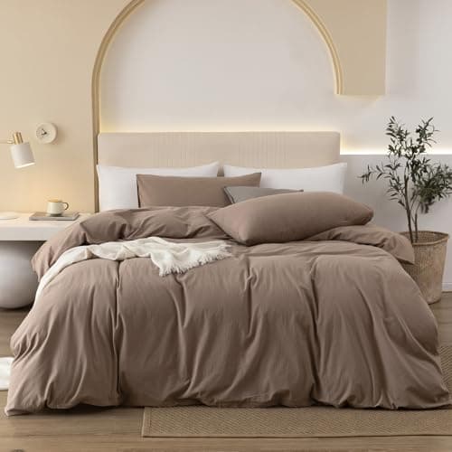 JIYUAN 100% Washed Cotton Duvet Cover Set 3 Pieces King, 1 Duvet Cover 104x90 Inches(Comforter Not Included) and 2 Pillowcases,Linen Feel Bedding Set Comfy and Breathable,Light Brown - Image 1