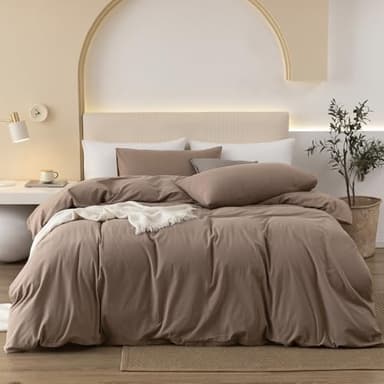 JIYUAN 100% Washed Cotton Duvet Cover Set 3 Pieces King, 1 Duvet Cover 104x90 Inches(Comforter Not Included) and 2 Pillowcases,Linen Feel Bedding Set Comfy and Breathable,Light Brown - Image 1