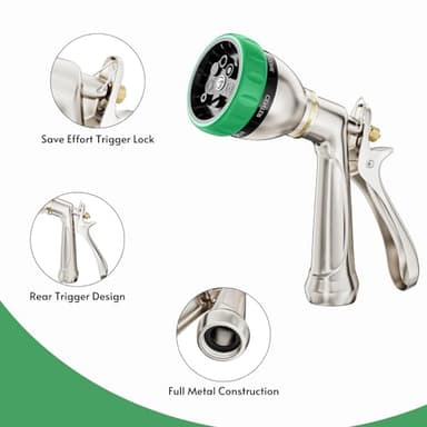 HOSUN Garden Hose Nozzle Sprayer Heavy Duty, 100% Metal Water Hose Nozzle with 7 Spray Patterns, High Pressure Hose Spray Nozzle with Lockable Rear Trigger for Watering Plant & Lawn, Washing Car & Pet - Image 3