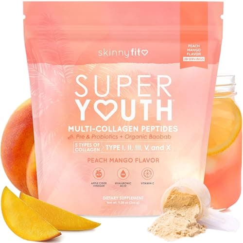 SkinnyFit - Super Youth Collagen for Women - Multi Collagen Peptides Powder - Probiotics, Fiber, Hyaluronic Acid - Non GMO, Gluten Free, Sugar Free - Beauty & Self Care - Peach Mango (28 Servings) - Image 1
