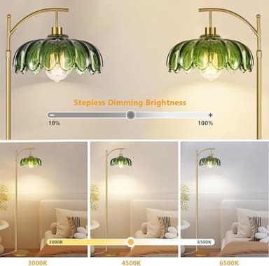 Gold Floor Lamps for Living Room,Glass Floor Lamp with Remote Control & Green Lampshade,Arc Flower Floor Lamp Dimmable Mid Century Modern Standing Lamp Vintage Brass Tall Lamp For Bedroom Corner - Image 2