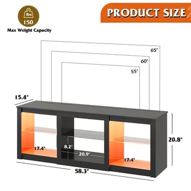 WLIVE LED TV Stand for 65 Inch TV, Modern Entertainment Center with Adjustable Glass Shelves & Customizable LED Lights, Sturdy Media Console for Living Room, Bedroom,Gaming (Black) - Image 3