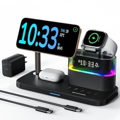 5 in 1 Wireless Charging Station for Apple,Mag-Safe Charger with Alarm Clock Night Light for Multiple Devices,Nightstand Charging Station for iPhone 17/16/15/14/13/12,Apple Watch Series,Air-Pods - Image 1