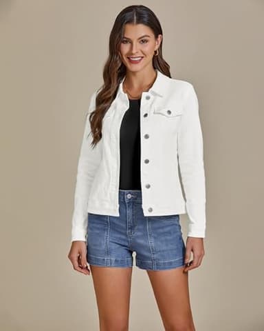 luvamia FleXclusive Women's Basic Button Down Stretch Fitted Long Sleeves Denim Jean Jacket White Denim Jacket Women Cream White Size Medium Fits Size 8-10 - Image 6