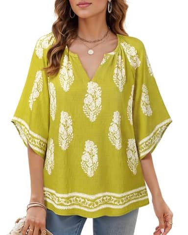 Bebonnie Women Blouses Dressy Casual: Womens Bell Sleeve Summer Spring V Neck Floral - Hawaiian Outfits for Women - Boho Hippie Peasant Blouses Plus Size Shirts Tunic Tops Multi Green XXL - Image 2