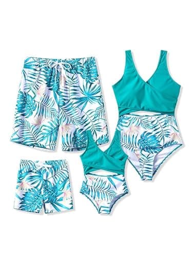 PATPAT Family Matching Swimsuits Cutout One Piece Spliced Monokinis Green Leaf Print Quick Dry Beach Wear Cute Bathing Suits for Toddler Girl 3-4 Years - Image 1