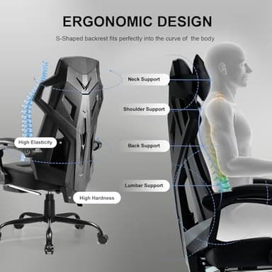 GTRACING Gaming Chair, Computer Chair with Mesh Back, Ergonomic Gaming Chair with Footrest, Reclining Gamer Chair with Adjustable Headrest and Lumbar Support for Gaming and Office (Black) - Image 8