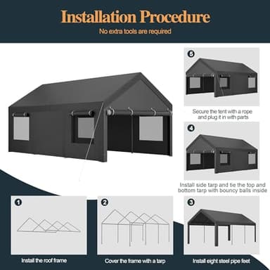 Shintenchi Carport 12' x 20' Heavy Duty Portable Garage, Carport Canopy with Side-Opening Door & Roll-Up Windows, Car Canopy for Truck,Car,Boat,Grey - Image 6