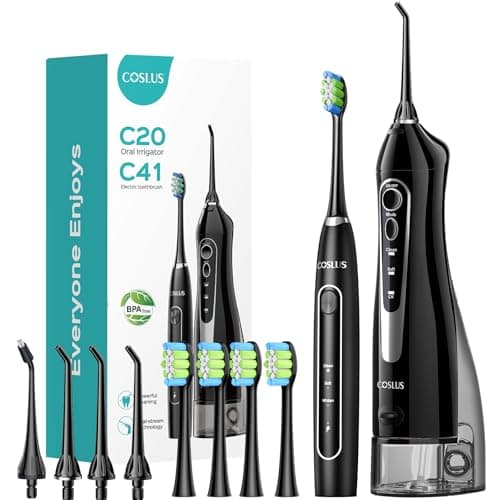 COSLUS Portable Water Flosser with Electric Toothbrush Combo: 2-in-1 Oral Clean Kit for Teeth, Braces, Gums Care - Brushing & Flossing for Adults, Family, Travel Use, BPA-Free, Black, C20 & C41 - Image 1