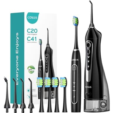 COSLUS Portable Water Flosser with Electric Toothbrush Combo: 2-in-1 Oral Clean Kit for Teeth, Braces, Gums Care - Brushing & Flossing for Adults, Family, Travel Use, BPA-Free, Black, C20 & C41 - Image 1
