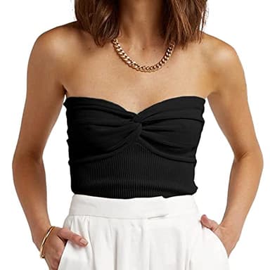 EFAN Womens Tube Tops Summer Sweater Twist Knot Front Knit Bandeau Strapless Ribbed Sleeveless Y2K Corset Crop Top Black M - Image 1