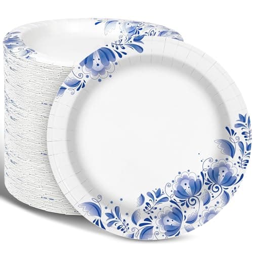 Charmount Paper Plates Bulk 8.5 Inch, 150pcs Disposable Plates, Blue Paper Plates for Parties and Daily Use, Soak Proof, Cut Proof, Flower Printed - Image 1