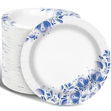 Charmount Paper Plates Bulk 8.5 Inch, 150pcs Disposable Plates, Blue Paper Plates for Parties and Daily Use, Soak Proof, Cut Proof, Flower Printed - Image 1