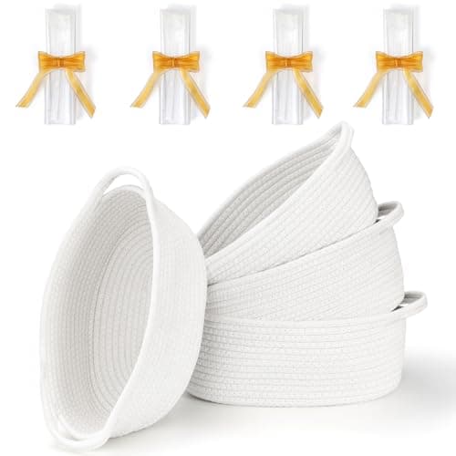 4 Pack Small Woven Basket with Handles, All 12"x 8"x 5", Cotton Rope Room Shelf Storage Basket, Cat Toys, Cute Baby Gift Basket with Gift Bags and Ribbons for Nursery, Empty Decorative Gift Chest Box - Image 1