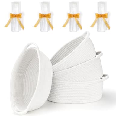 4 Pack Small Woven Basket with Handles, All 12"x 8"x 5", Cotton Rope Room Shelf Storage Basket, Cat Toys, Cute Baby Gift Basket with Gift Bags and Ribbons for Nursery, Empty Decorative Gift Chest Box - Image 1