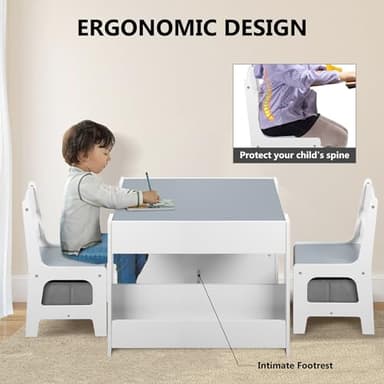 Kinder King Kids Wood Table & 2 Chairs Set, 4 in 1 Children Activity Table w/Double Bookcase, Blackboard, Toddler Furniture Set for Art, Crafts, Drawing, Reading, Playroom, Grey - Image 5