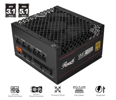 Rosewill VMG 1000W 80+ Gold, ATX 3.0 & 3.1 Compatible, Full Modular Low-Noise Power Supply, PCIe 5.1 12V-2x6 Connector, 100% Japanese Capacitor, 120mm FDB Silent Fan - 5 Year Warranty - Image 2