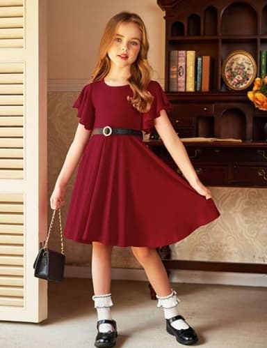 Arshiner Girl's Summer Dresses Ruffle Short Sleeve Swing Flowy Midi Casual Sundress with Pockets A Wine Red Toddler 4-5 Y - Image 5