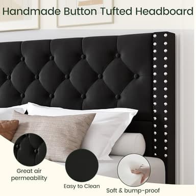 LARMACE Queen Size Platform Bed Frame with 4 Storage Drawers and Tufted Headboard Velvet Upholstered Bed Frame with Heavy Duty Wood Slats, No Box Spring Needed, Easy Assembly, Black - Image 3