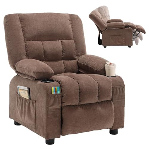 BOSMILLER Kids Recliner Chair, Push Back Toddler Recliner with Cup Holders & Side Pockets, Adjustable Footrest & Headrest Kids Sofa for Boys Girls 3+ Age Group (Light Brown) - Image 1