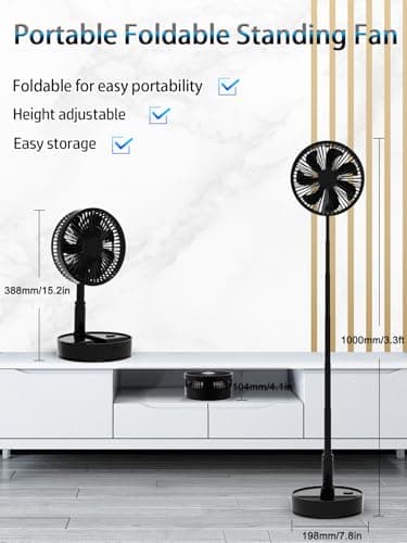 UN UNITEDTIME Foldable Fan Foldaway with Remote Control, 7200mAh Rechargeable Battery Powered Pedestal Fan for Camping, 4 Speed, Timer, Portable Table for Travel, Outdoor, Home (Black) - Image 2