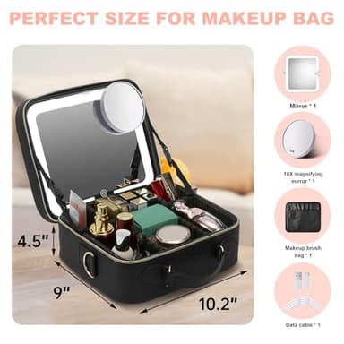Mocado Travel Makeup Bag with LED Lighted Mirror,Travel Makeup Organizer,Makeup Case with 3 Color Lighted Setting and 10x Magnifying Mirror,Portable Storage and Adjustable Dividers Makeup Box(Black) - Image 2