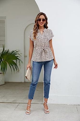 Womens Button Down Blouses Casual Peplum Summer Tops Dressy Chiffon Work Blouse Floral M - Image 5