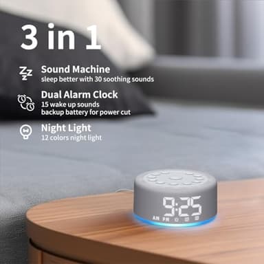 White Noise Sound Machine Alarm Clock Brown Noise Machine Night Light with Dual Alarms Backup Battery 30 Sleeping Sounds for Baby Kids Adults 32 Level Volume 5 Timers 15 Wake Up Sounds Memory Function - Image 2