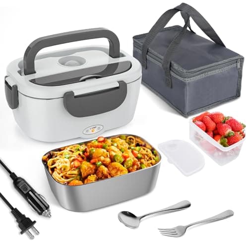Akhia Electric Lunch Box for Adults, 80W/1.5L Heated Lunch Box for Men Work Car Truck, Portable Food Warmer Lunch Box Upgraded with Fork&Spoon and Insulated Carry Bag, 12V/24V/110V - Image 1