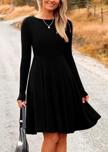 PRETTYGARDEN Women's Fall Short Dress Ribbed Knit Crewneck Long Sleeve A Line Flowy Casual Elegant Going Out Winter Dresses (Black,Medium) - Image 3